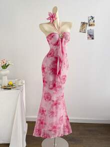 Soleia 女士印花褶皱吊带长裙 - 粉色 - 查看 6