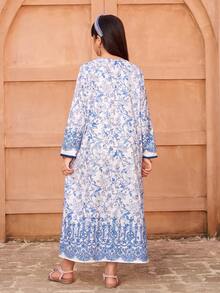 Tween Girl Floral Print Long Sleeve Loose Casual Dress - Blue - View 2