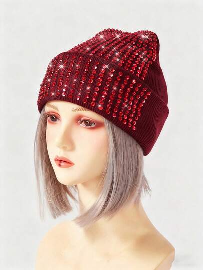 Goth 1pc Fully Rhinestoned Solid Color Knit Beanie, Warm Winter Hat, Fashion Accessory