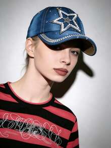 ROMWE Grunge Punk 1 Diamond-Encrusted Baseball Cap, Y2K Style Star Pattern, Casual Design, Adjustable Back Buckle, Daily Personalized Fashion Items - Medium blue - View 4