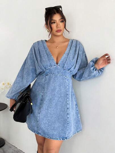 Firerie Plus Size Women's Deep V Pleated Design Lantern Sleeve Sexy Fashion Denim Dress,Light Wash Denim Dress,V Neck Denim Dress,Waist Cinched Denim Dress,Office Denim Dress,Office Denim Dress,Workwear Denim Dress,Versatile Office Denim Dress,Vacation Denim Dress,Old Money Style Denim Dress,French Office Denim Dress,Vintage Light Wash Denim,All Season Denim Dress,Valentine's Day
