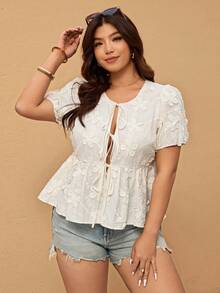 Elaquor Plus Size Women Front Tie Short Puff Sleeve Floral Ruffle Hem Fashionable Top Spring For Women Elegant Casual Vacation - Apricot - View 8