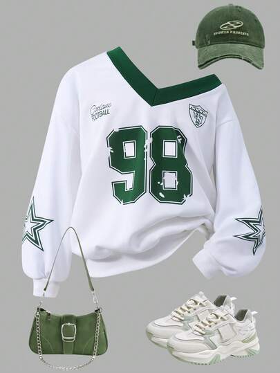 SHEIN Girls Casual Fashion Knit Letter & Number Print Colorblock V-Neck Drop Shoulder Long Sleeve Ribbed Cuff & Hem Patchwork Sweatshirt, Comfortable Autumn/Winter