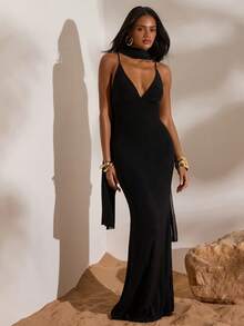 Opulessa Váy lưới đan trơn màu đơn giản dành cho nữ kèm khăn quàng cổ - màu đen - Xem 6