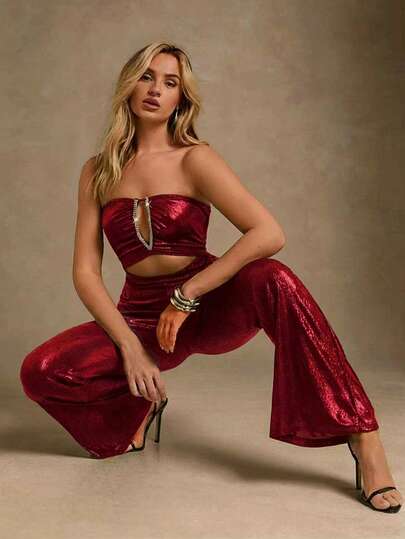 Glamine Women's Deep V Rhinestone Chain Tube Jumpsuit, Party Wear Sexy Red Outfits For Women Red Two Pieces Outfit Women Red Club Outfit Festival Two Pieces Outfit 2 Pieces Party Outfits