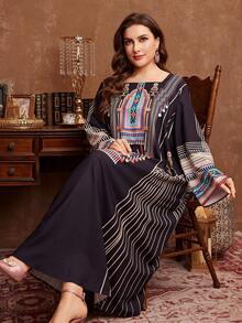 Al Najma 大码女式A字印花长袖休闲阿拉伯风格连衣裙 - 彩色 - 查看 5