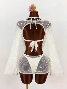 Amplova Conjunto de biquíni feminino sexy com decote profundo, 3 peças - Top, calcinha e saída de praia. - Damasco - Ver 3