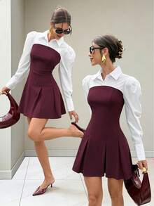 Siren Gaze Women's Business Commuter Fake Two-Piece Shirt Dress Elegant Commuter Color Block Pleated Hem Mini Dress Christmas Outfit For Women Christmas Dress New Year Dress Casual Dress For Women Red Dress For Women Spring - Multicolor - View 1