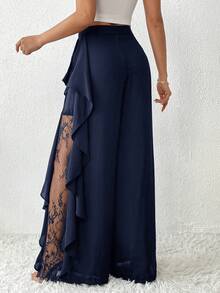 Firerie Pantalones anchos de mujer elegantes con parches de encaje transparente - Azul Marino - Ver 2