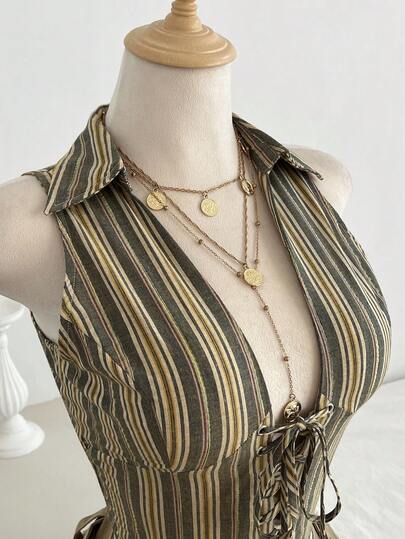 Elamini Blusa de algodón con cuello, sin mangas, con cordón en la cintura, escote en V y detalles de ojal, a rayas, de estilo vintage para mujer, para primavera/verano