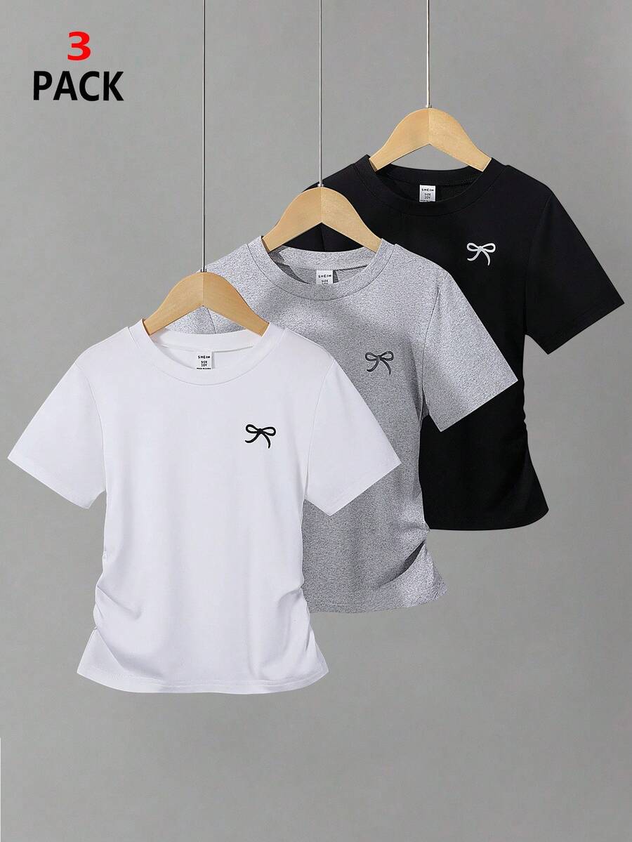 Sparklyn 3 件女童蝴蝶结印花腰部短袖 T 恤套装，包括灰色、粉色和黑色 - 灰色 - 查看 1