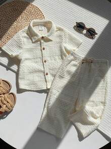 SHEIN 2件套男女宝宝幼儿白色镂空舒适短袖针织衫套装，包含上衣和阔腿裤，休闲复古百搭，日常可爱，适合春、夏、秋季、节日、庆典、度假、郊游、假日、婚礼、婴儿派对、洗礼、周岁生日等场合。 - 白色 - 查看 4