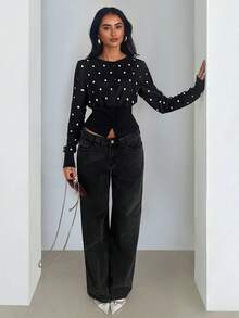 Glamine 极简黑色针织圆领长袖拼接罗纹开襟常规版型女式卫衣 - 黑色 - 查看 7