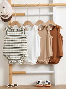 SHEIN 4件套新生男宝宝休闲可爱针织条纹卡其色无袖连体衣套装 - 彩色 - 查看 5