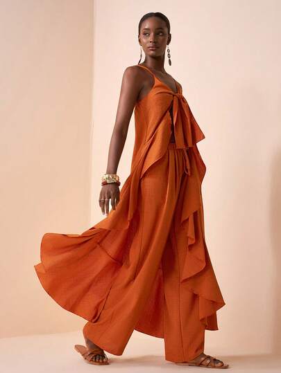 Zivah 2026 Spring/Summer New Arrivals Resort Style Orange-Yellow Strapless V-Neck Bow-Tie Detail At Chest Ruffled Trim Long Cover-Up Elastic Waist Loose Straight-Leg Pants Women's Two-Piece Set, Suitable For Vacations, Travel, Parties, Gatherings, Wedding Guest Attire, Cruises, Evenings, Beach Sunbathing, Nighttime Outings, Brunch, Shopping, Valentine's Day, Formal Occasions, Dinner Parties, Music Festival.