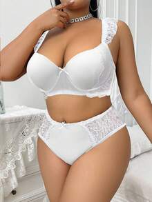 SHEIN 2pcs Plus Size Lace Patchwork Underwire Bra Set - White - View 3