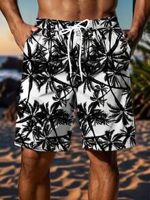 Manfinity Dauomo Plus Size Men's Palm Tree Print Drawstring Waist Pocket Shorts - Multicolor - View 1