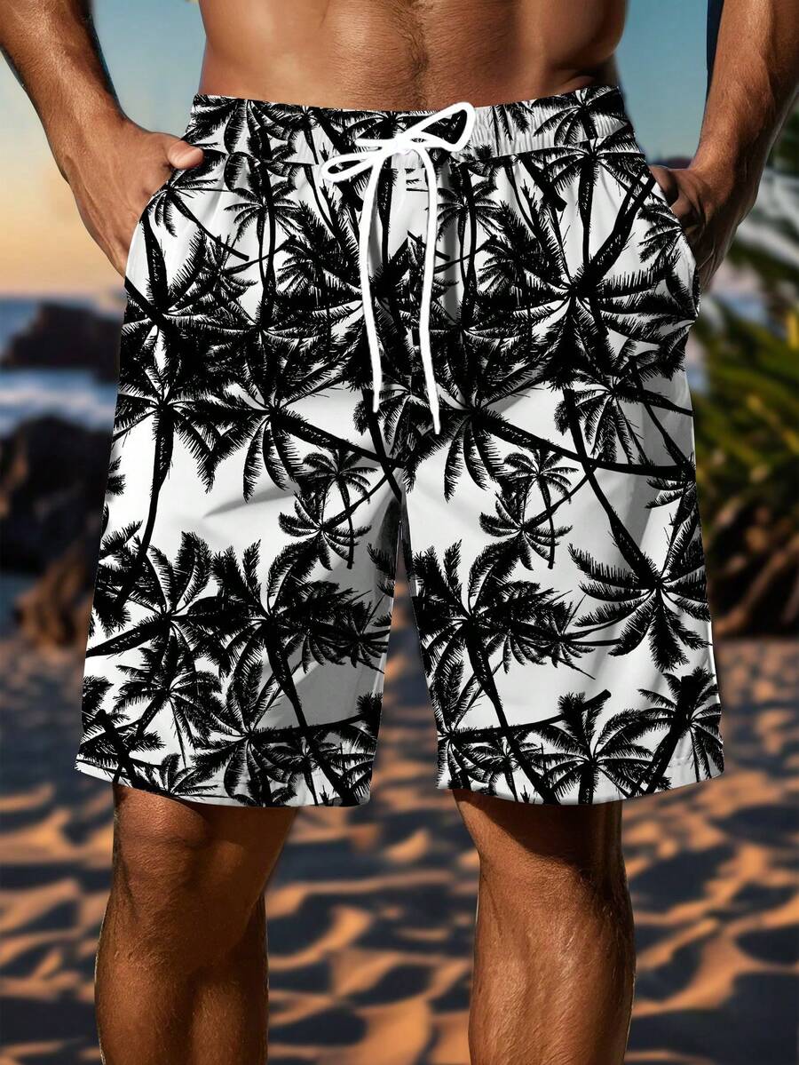 Manfinity Dauomo Plus Size Men's Palm Tree Print Drawstring Waist Pocket Shorts - Multicolor - View 1