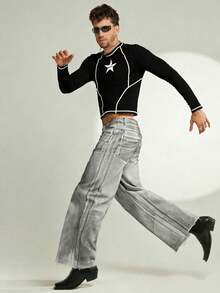 FeverCity 男士休闲时尚街头星形印花撞色缝线长袖短款T恤，春秋季 - 黑色 - 查看 3