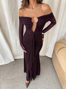 Aloruh Women's Solid Wine Red Ruched Ruffle Off Shoulder Round Ring Hollow Out Mermaid Hem Bodycon Long Sleeve Dress - Burgundy - View 7