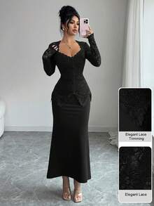 Modelyn Square Neck Lace Patchwork Button Waist Fitted Midi Dress For Women - Black - View 4