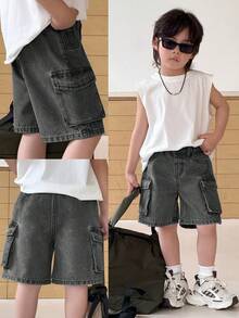 SHEIN Young Boy New Fashion Casual Loose Fit Baggy Blue Denim Cargo Shorts For Kids Spring/Summer Clothes Daily Wear Outfits