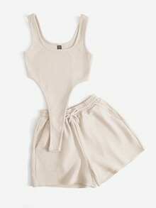 Comfortcana 素色連體衣和腰部抽繩短褲 - 米色 - 查看 3
