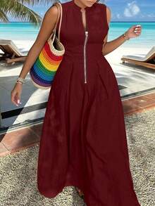 INAWLY Solva Plus Size Women Solid Color Zipper Placket Sleeveless Casual Dress - Burgundy - View 1