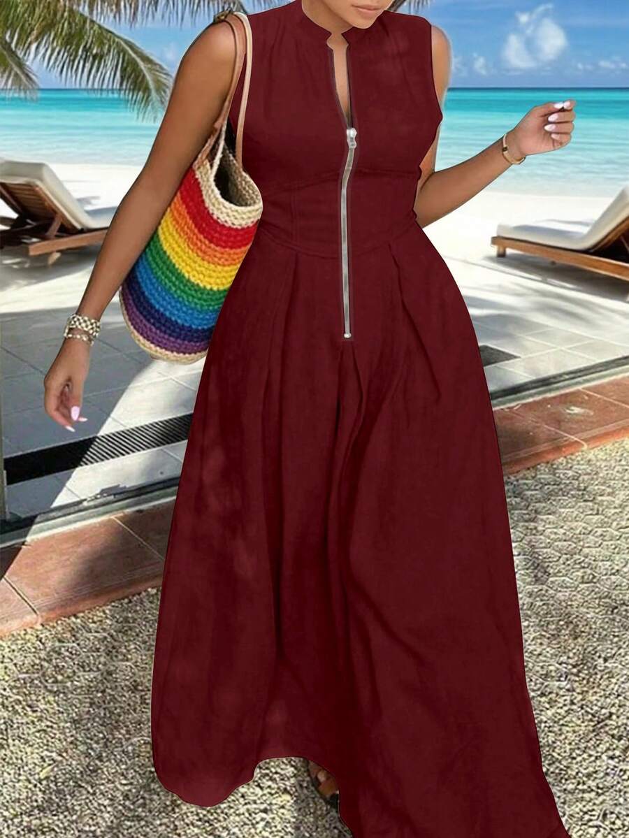 INAWLY Solva Plus Size Women Solid Color Zipper Placket Sleeveless Casual Dress - Burgundy - View 1