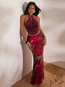 Opulessa Spring/Summer Valentine's Day Birthday Beach Vacation Knit Mesh Printed Low Waist Bodycon Mermaid Skirt For Women - Burgundy - View 7