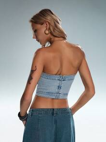 TRNVIE 女士纯色简约日常牛仔抹胸上衣 - 藍色 - 查看 2