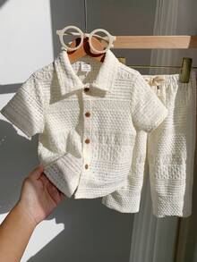 SHEIN 2件套男女宝宝幼儿白色镂空舒适短袖针织衫套装，包含上衣和阔腿裤，休闲复古百搭，日常可爱，适合春、夏、秋季、节日、庆典、度假、郊游、假日、婚礼、婴儿派对、洗礼、周岁生日等场合。 - 白色 - 查看 5