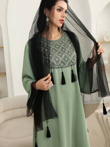 Al Najma Sequin Collar Flower Pendant Decor Light Green Arabic Style Dress With Headscarf Kaftan Jalabiya Dress - Green - View 4