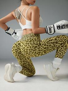 Slayform 女士豹纹高腰无缝弹力运动紧身裤 - 黃色 - 查看 6