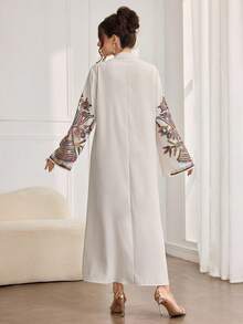 Al Najma 女士优雅时尚日常通勤连衣裙，宽松版型，花卉蕾丝饰边领口和袖口，浅色 - 杏色 - 查看 2