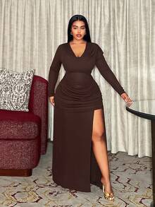 Maweii 大码女式时尚褶皱连帽修身迷你连衣裙，下摆开衩，适合海滩度假 - 棕色 - 查看 5