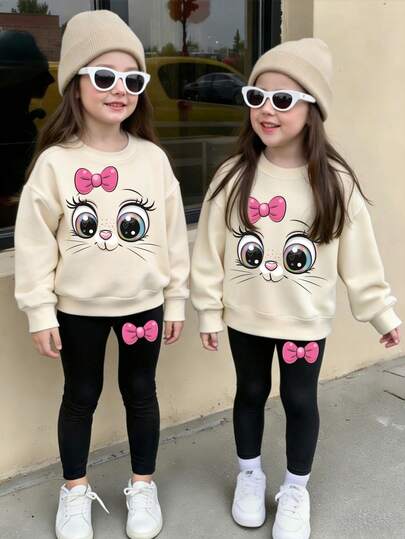 SHEIN 女童休闲可爱猫咪和蝴蝶图案圆领卫衣和裤子两件套，秋冬舒适时尚，适合女孩穿着