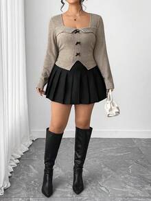 Elenzga 秋季加大码休闲修身T恤，饰有蝴蝶结 - 杏色 - 查看 8