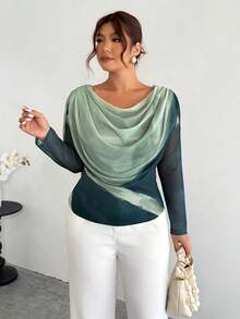 Firerie Áo nữ cỡ lớn thanh lịch cổ xếp ly tay dài in họa tiết ombre ôm sát gợi cảm/Áo thun lưới cỡ lớn, thích hợp cho Ngày Valentine, hòa nhạc, biểu diễn, hẹn hò, tiệc tối trang trọng, dạ hội, mùa cưới, gợi cảm, thanh lịch, đi làm, tựu trường, kỳ nghỉ, bãi biển, lãng mạn, nữ công sở, kiểu nàng tiên cá, tiệc sinh nhật. - Nhiều màu - Xem 6