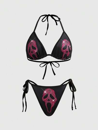 Goth Conjunto de lencería de mujer con cordones inalámbricos y decoración de calavera gótica Deadpool con strass