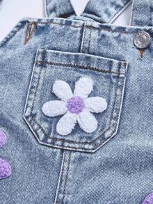 SHEIN Washed Denim Bib Pants For Baby Girls, Floral Print Loose Jumpsuit - Light Wash - View 6
