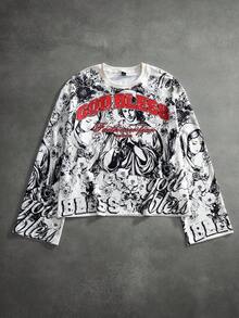 PAVTROS Men's Full Print Long Sleeve T-Shirt, Short Fit, Flared Sleeves, Street Style Large Graphic Print - Apricot - View 3