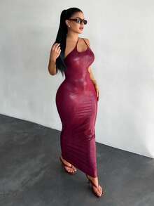 SHEIN SXY 女士仿鳄鱼纹无袖镂空修身长裙 - 酒紅色 - 查看 3