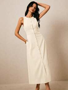 Poéselle 女士纯色圆领单排扣休闲无袖连衣裙 - 杏色 - 查看 6