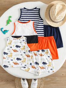 SHEIN 6件套男女宝宝夏季休闲度假针织卡通恐龙条纹背心和松紧腰短裤套装，基础款 - 彩色 - 查看 2