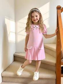 Elladie kids Young Girls Dress, Collegiate Style, Versatile, Petite Collar Design In Pink & White, Classic & Elegant, Ribbon & Bow Decor For Cute & Playful Look, Pleated Hem, Suitable For School, Events, And Everyday Wear - Pink - View 6