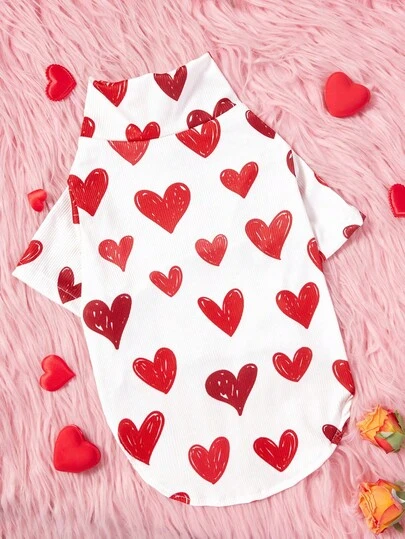 PETSIN 1 st. djurälskare alla hjärtans dag röd hjärtstickad polotröja avslappnad bekväm hund-T-shirt