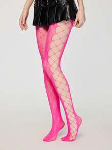 ROMWE Avant 1 Piece Rose Pink Fishnet Socks, Y2K Style Flower Side Hollow Tights, Four-Season Pantyhose, Suitable For Daily, Party Wear - Rose pink - View 4