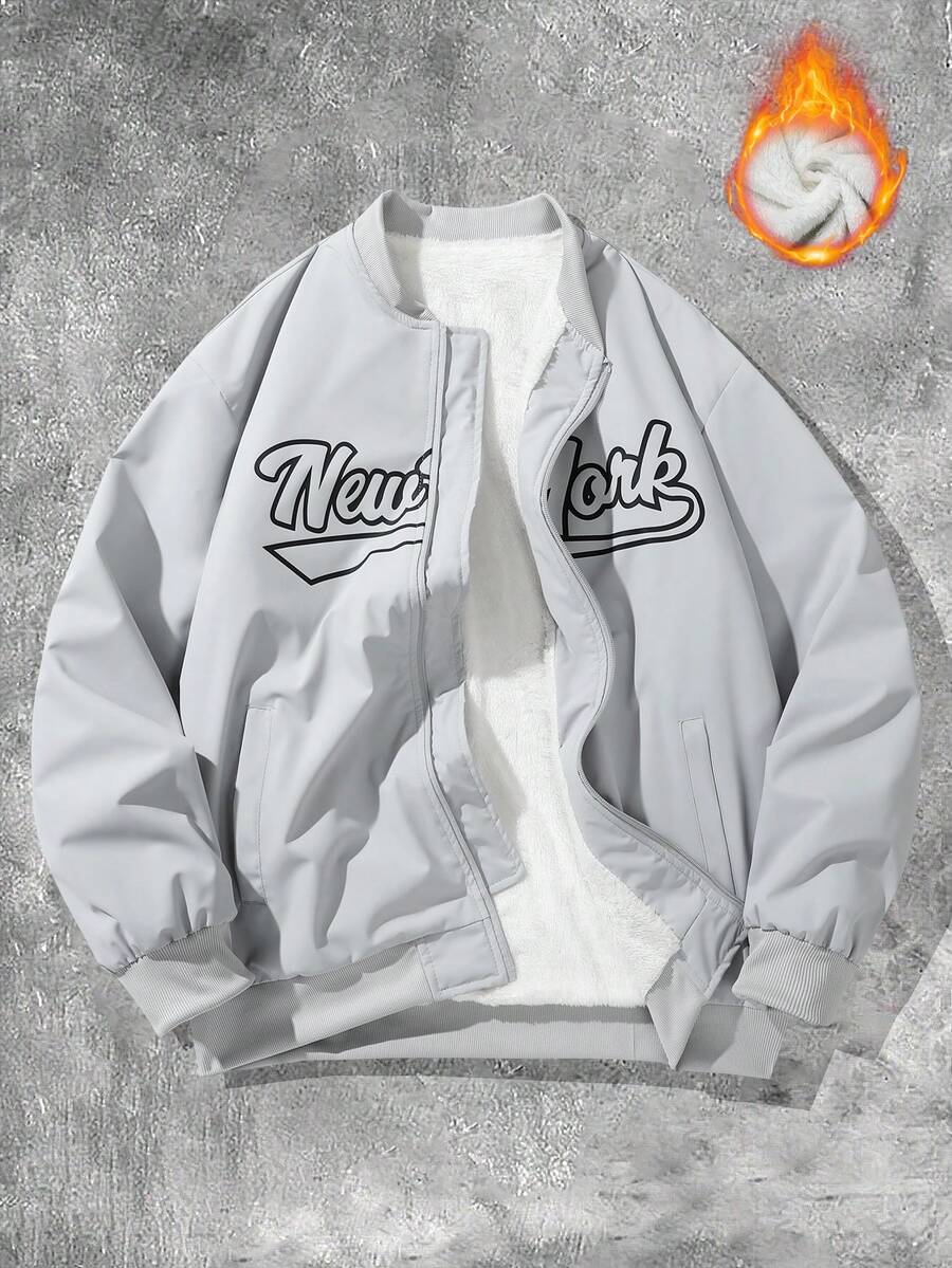 Manfinity Campus Court 美学帖——男士休闲字母印花保暖内衬夹克，秋冬棒球夹克，男士街头风拉链字母夹克，男士图案夹克，男士棒球夹克 - 淺灰色 - 查看 1