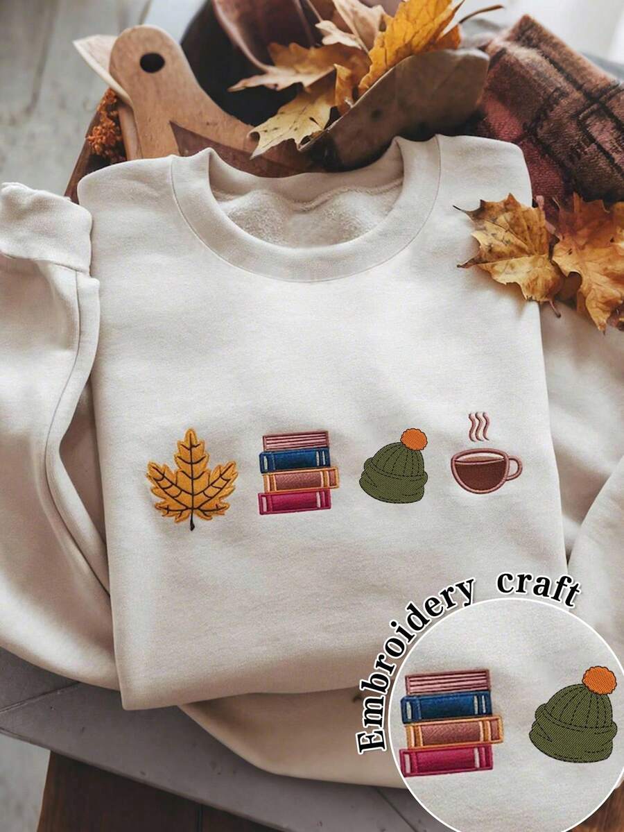 INAWLY 女士卫衣/枫叶印花/刺绣/秋季刺绣卫衣/长袖圆领卫衣，感恩节休闲卫衣/趣味卫衣/秋冬时尚/冬季复古卫衣，时尚卫衣/休闲简约时尚上衣/女士休闲宽松圆领上衣/秋冬/返校秋冬连帽衫 - 米色 - 查看 1